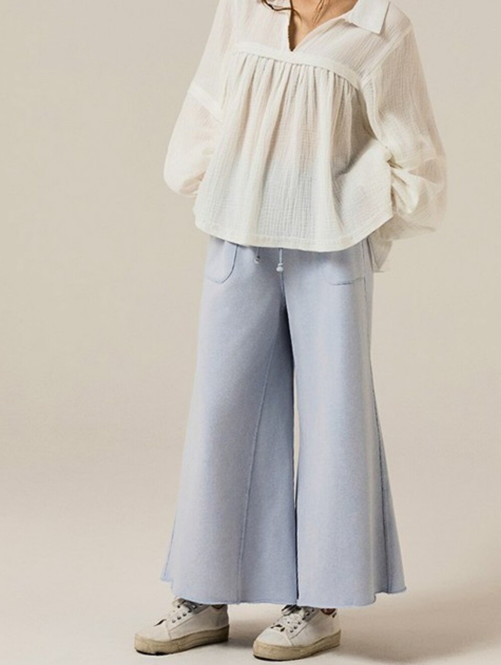 P3-0609 Boho Cotton Wide Leg Garment Dyed Light Blue Pants